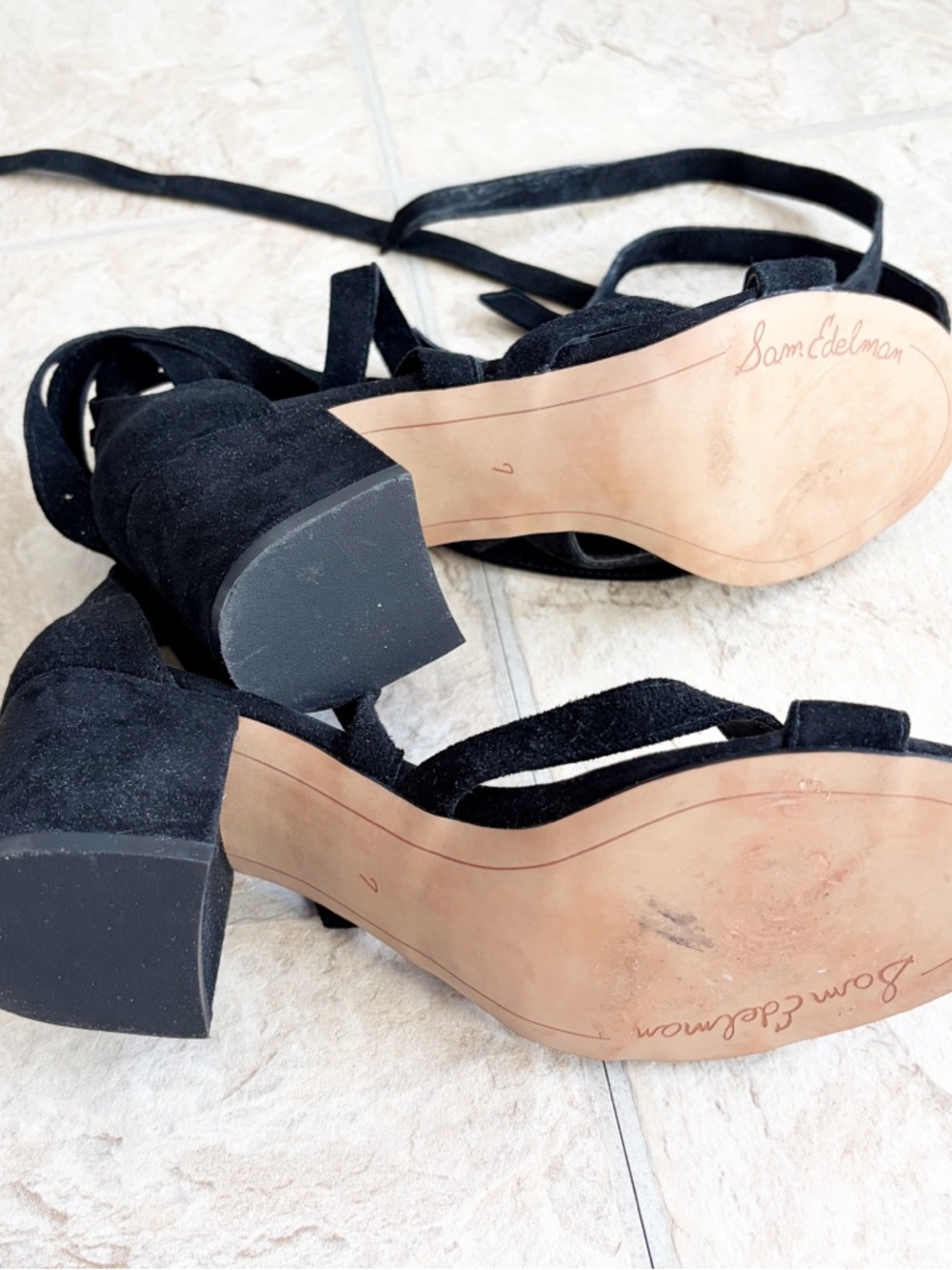Sam Edelman Suede Lace-Up Block Heel Sandals Black Size 7 Strappy Wrap Heels - Picture 6 of 6